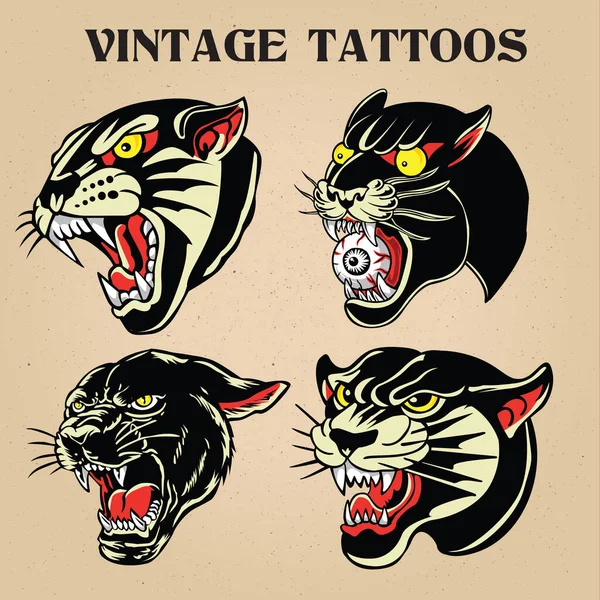 Tigre Negro Tigre Old Scholl Tatuaje Vintgae Vector Ilustración — Vector de stock