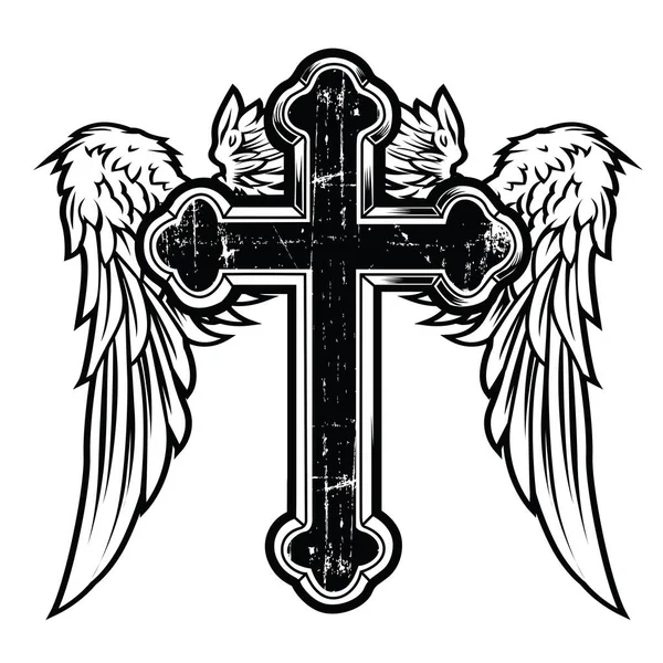 Christian Cross Wing Krone Vektor Zeichnung Blak Vintage Wings Vogelfeder — Stockvektor