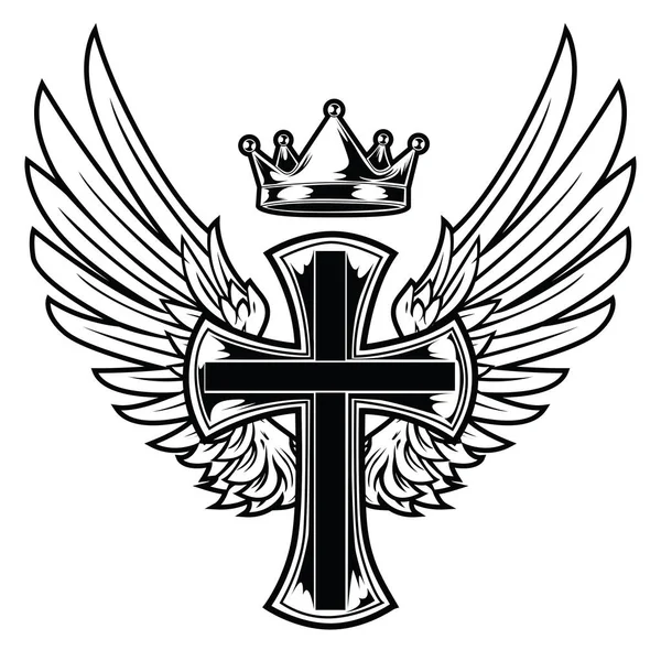 Christian Cross Wing Crown Vector Desenho Blak Vintage Asas Pena —  Vetores de Stock
