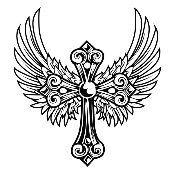 Christian Cross Wing Crown Vector Rajzolás Blak Vintage Wings Madártoll — Stock Vector