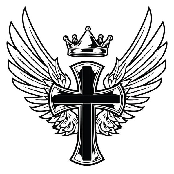 Christian Cross Wing Crown Vector Drawing Blak Vintage Wings Vogelveer — Stockvector