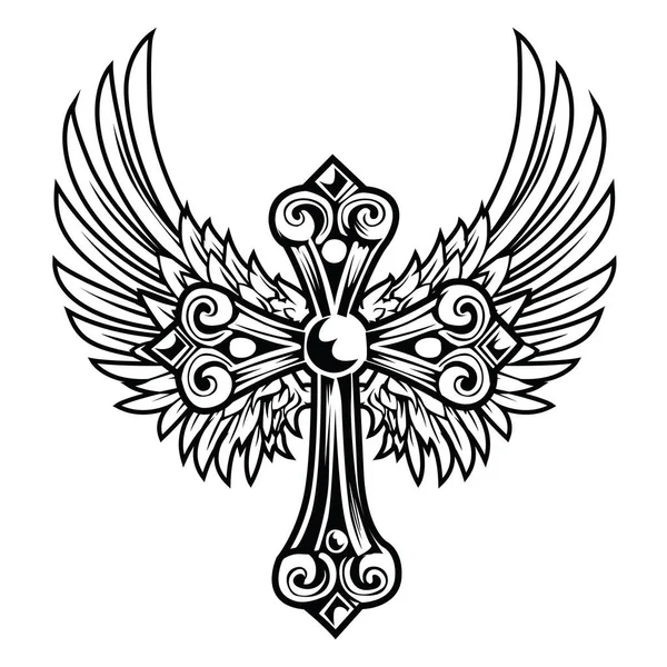 Christian Cross Wing Crown Vektörü Blak Vintage Wings Kuş Tüyü — Stok Vektör