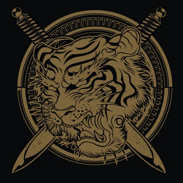 Tigre Enojado Tigre Cara Tigre Cuchillo Cabeza Tigre Tatuaje Vector — Vector de stock