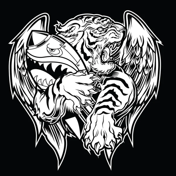 タイガー怒っている虎の顔虎のナイフ頭虎の入れ墨ベクトルイラスト — ストックベクタ