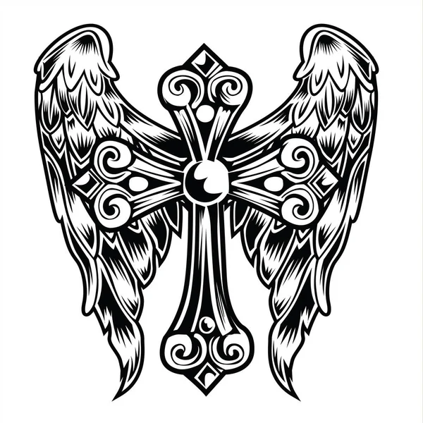 Christian Cross Wing Crown Vector Zeichnung Blak Vintage Wings Vogelfeder — Stockvektor