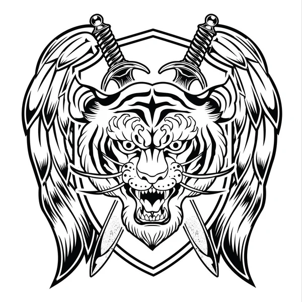 Tigre Enojado Tigre Cara Tigre Cuchillo Cabeza Tigre Tatuaje Vector — Vector de stock