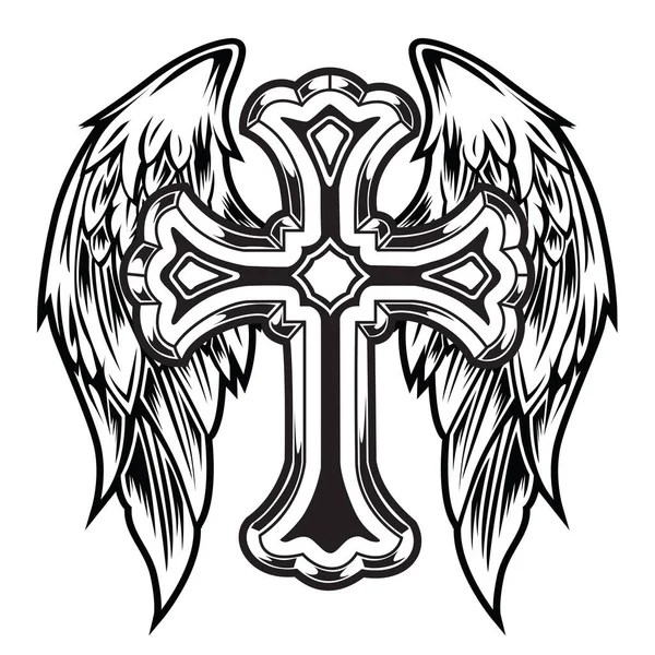 Christian Cross Wing Crown Vector Drawing Blak Vintage Wings Ptačí — Stockový vektor