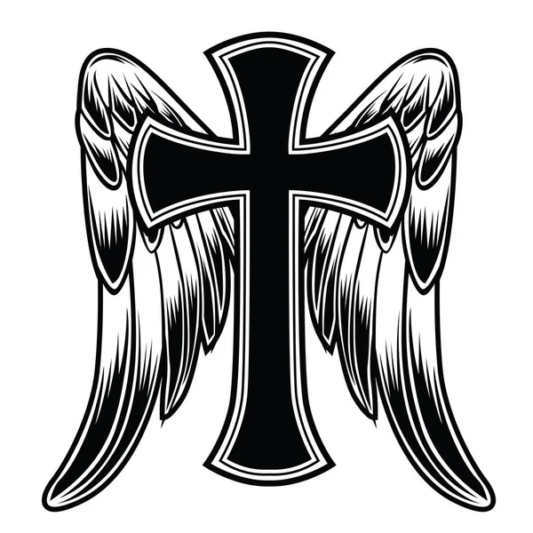 Christian Cross Wing Crown Vector Zeichnung Blak Vintage Wings Vogelfeder — Stockvektor