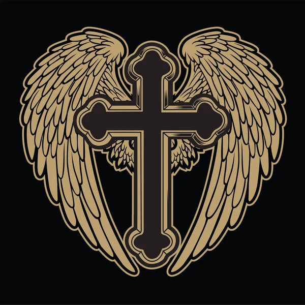 Christian Cross Wing Crown Vector Drawing Blak Vintage Wings Ptačí — Stockový vektor