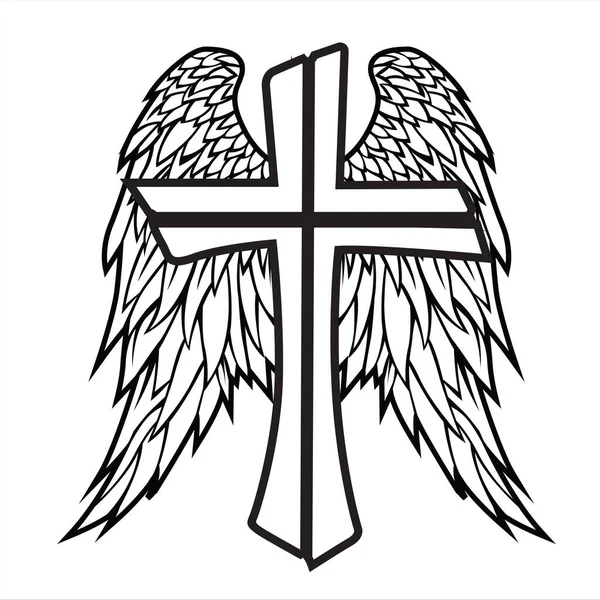 Christian Cross Wing Crown Vector Tekening Blak Vintage Vleugels Vogelveer — Stockvector