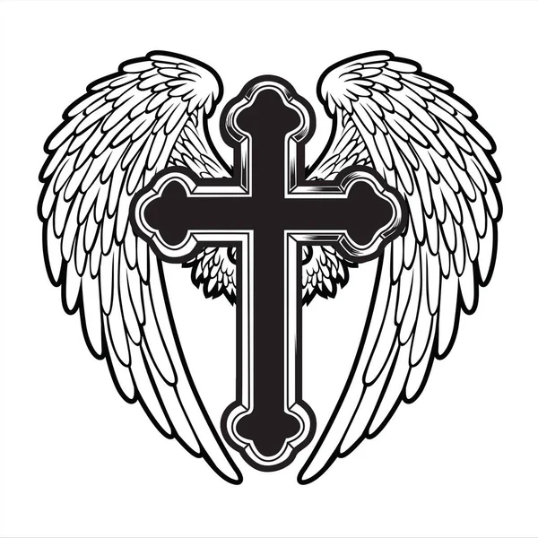 Christian Cross Wing Crown Vector Tekening Blak Vintage Vleugels Vogelveer — Stockvector