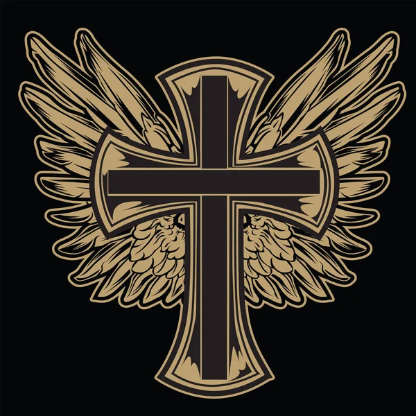 Christian Cross Wing Crown Vector Dibujo Blak Vintage Wings Pluma — Archivo Imágenes Vectoriales