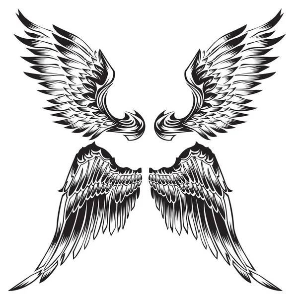 Ailes Plume Oiseau Noir Blanc Tatouage Animal Vintage Vector — Image vectorielle