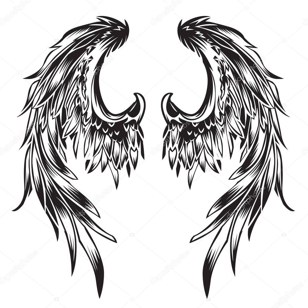 Wings Bird feather Black & White Tattoo animal Vintage Vector 