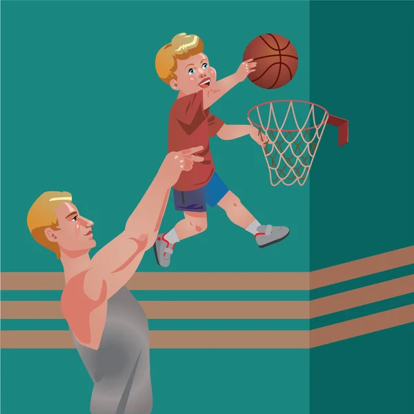 Çocuklar ebeveynleri ile - basketbol spor. Vektör çizim