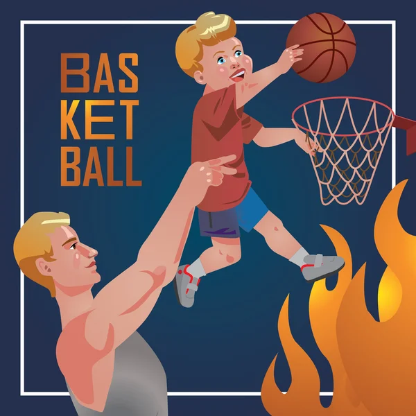 Deportes de los niños con los padres - baloncesto . — Vector de stock
