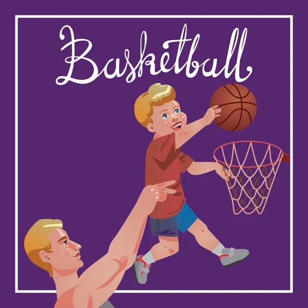 Deporte de niños con padres - ilustración de baloncesto con caligrafía — Vector de stock