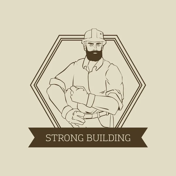 Badge met man builder Hipster werknemer vector logo ontwerp — Stockvector