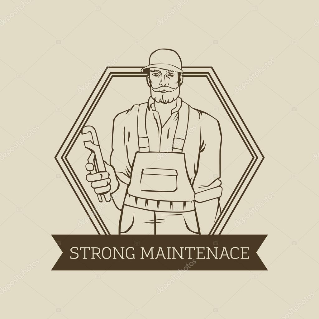 Vector logo or badge design with hipster man builder in cool retro style