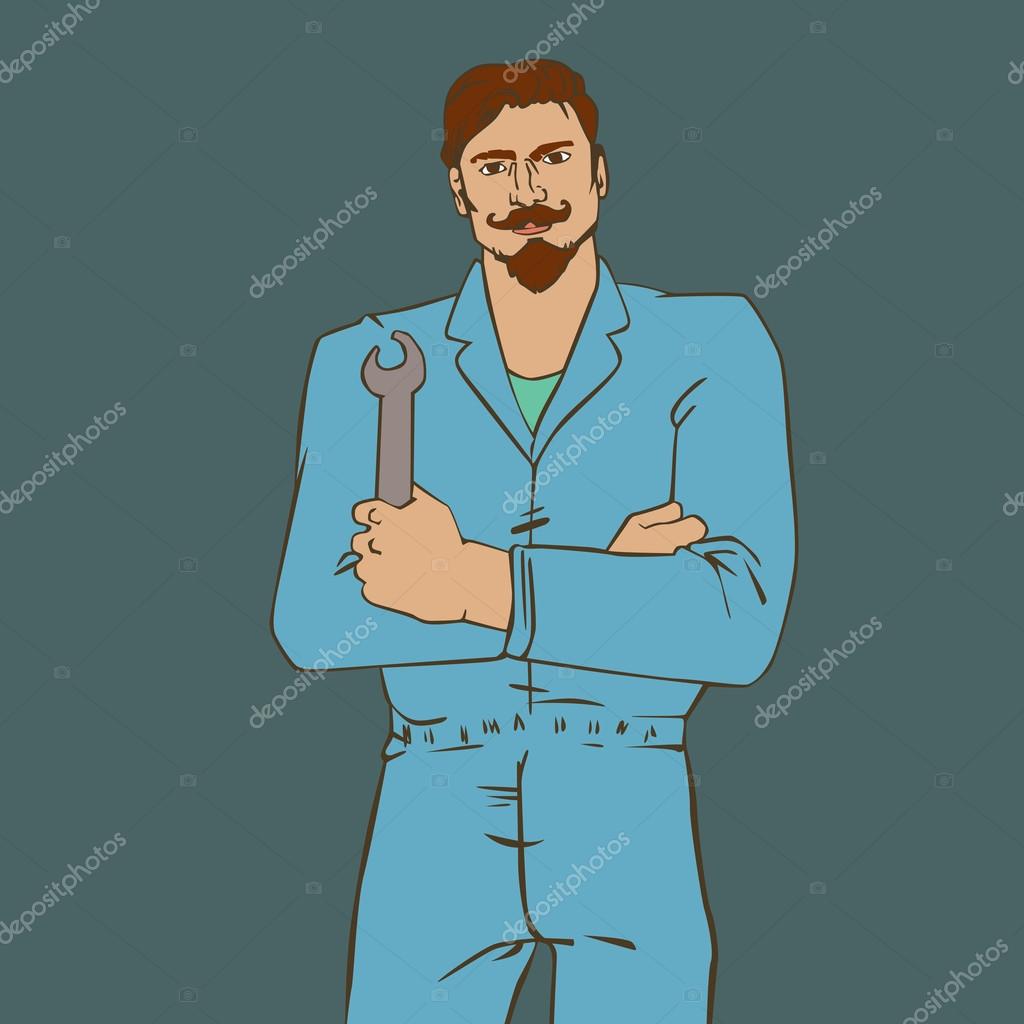Vector illustration with hipster man Auto Mechanic in cool retro style