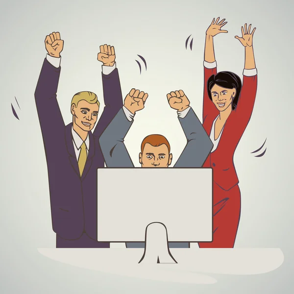 Business vektor illustration med ofice människor höja händer och glad — Stock vektor