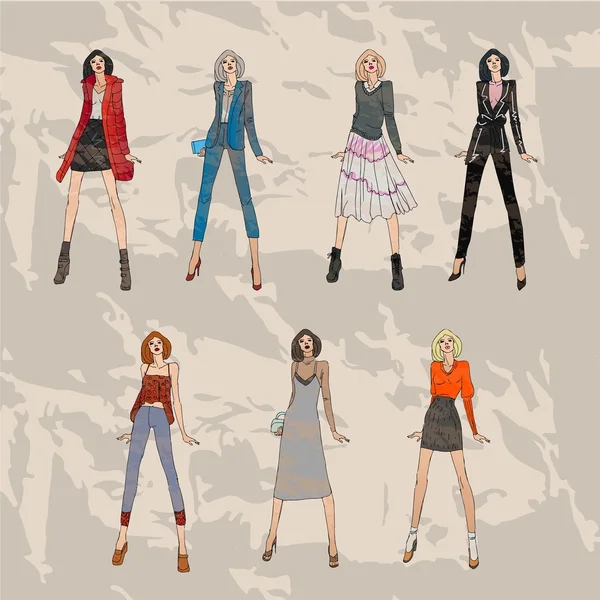 Conjunto de modelos de moda. Bosquejo otoño invierno tendencias — Vector de stock