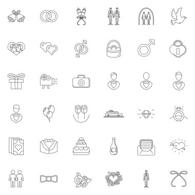 Düğün gay vektör simgeler ve ince çizgi stili öğeleri