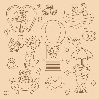 Düğün gay vektör simgeler ve öğeleri ile ayarla