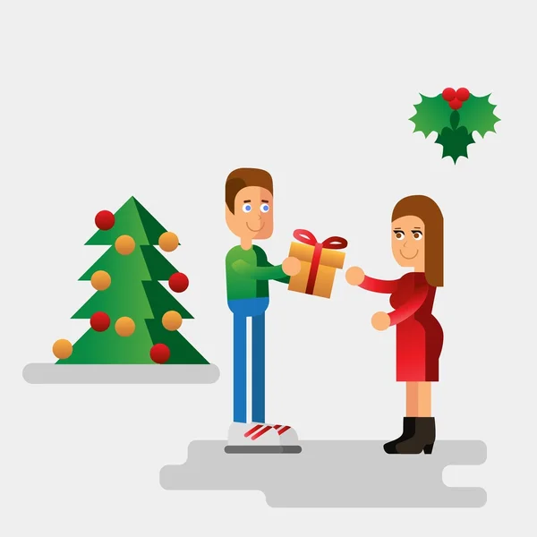 Рождественская векторная плоская иллюстрация с мужчиной, дарящим подарок женщине — стоковый вектор