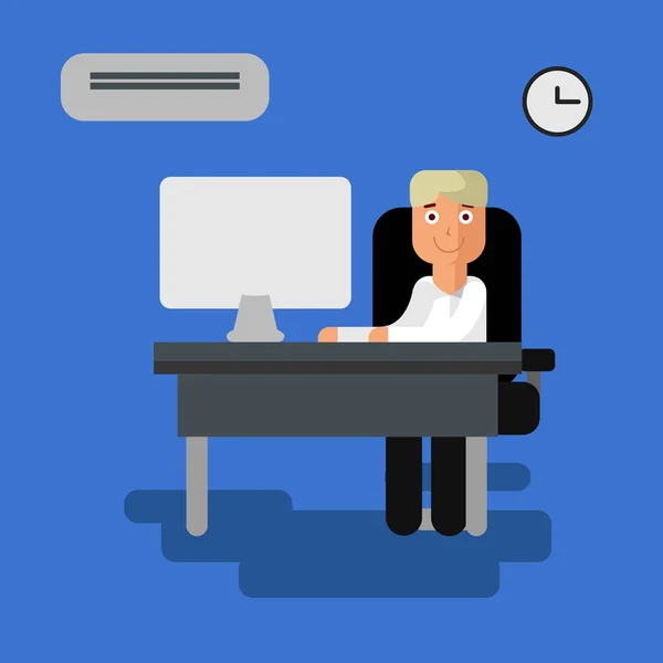 Homem trabalhando no computador escritório vetor ilustração plana — Vetor de Stock