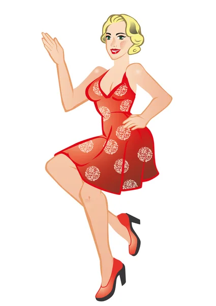 Hermosa chica en vestido rojo sentado — Vector de stock