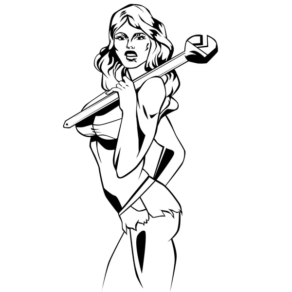 Auto service sexy meisje komische stijl lineart — Stockvector