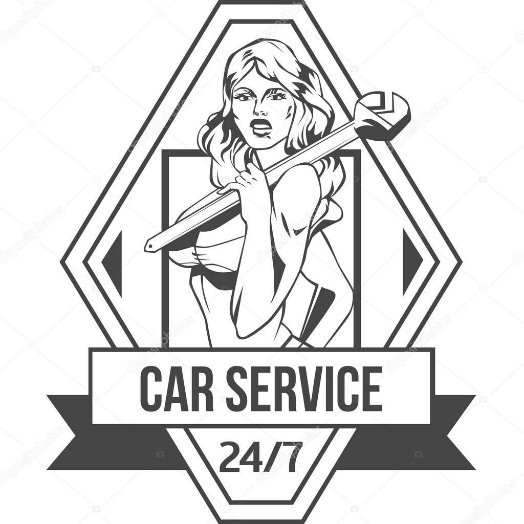 Vintage retro badge for car service company with sexy woman