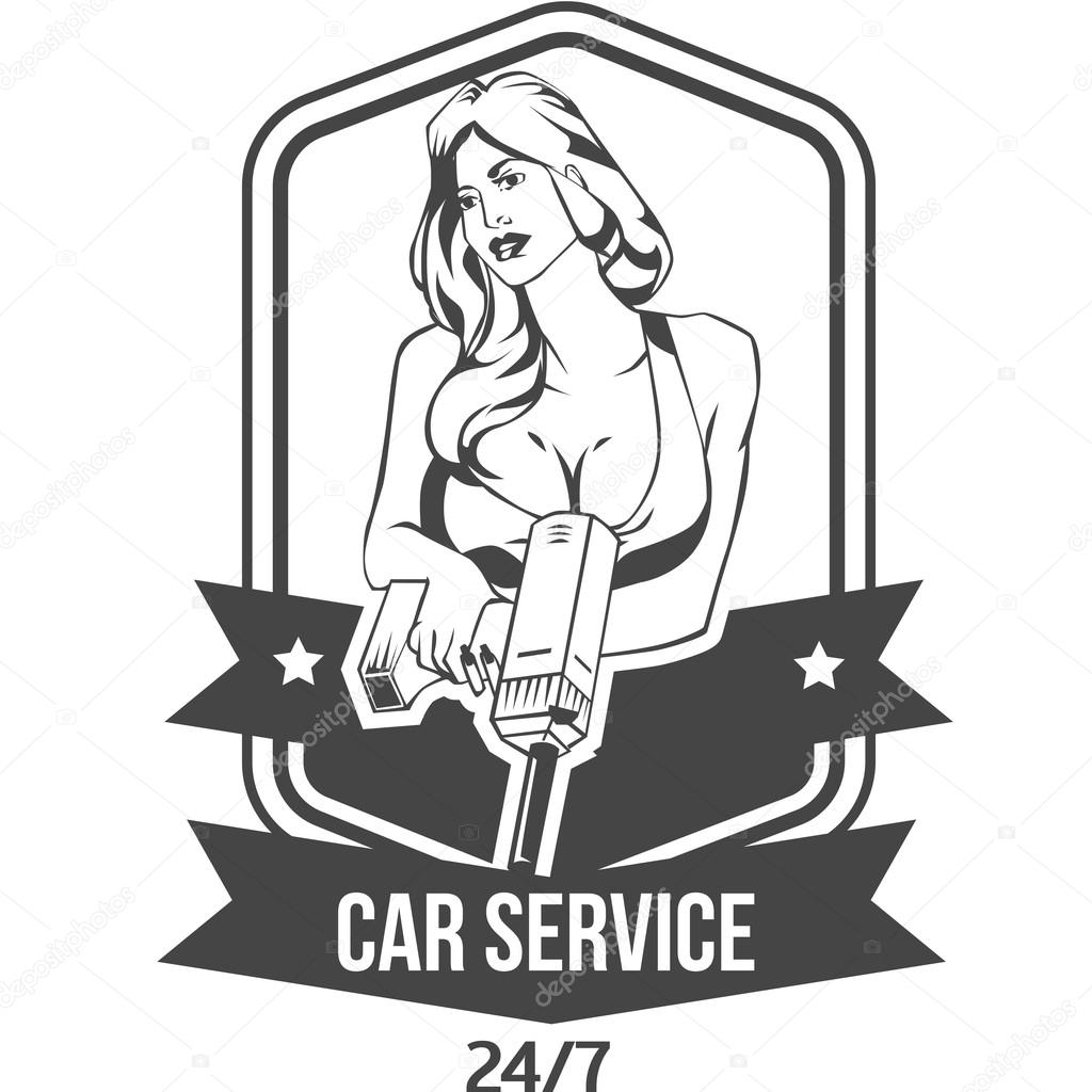 Vintage retro badge for car service company with sexy woman keeps drill