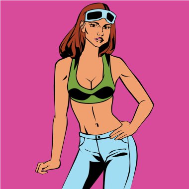 Araba Servisi retro vintage komik tarzı lineart güzel kızla