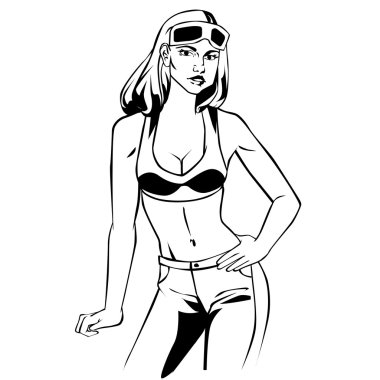 Araba Servisi retro vintage komik tarzı lineart güzel kızla