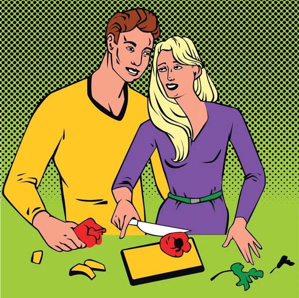 Couple cuisine ensemble pop art bande dessinée style rétro avec demi-ton — Image vectorielle