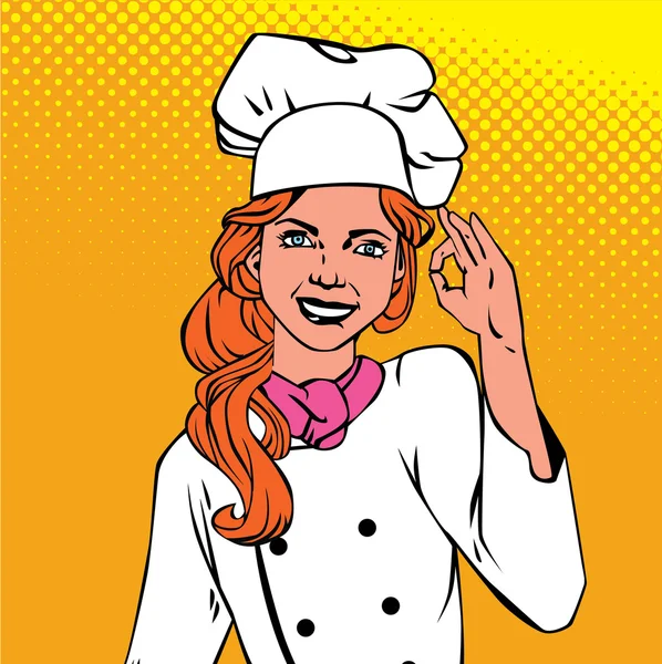 Chef femme montrant succès pop art comics style rétro avec Halftone . — Image vectorielle