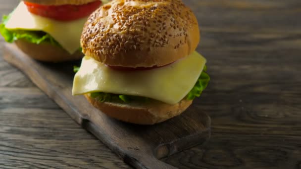 Vista ravvicinata del montaggio di un hamburger di manzo — Video Stock