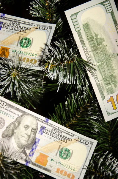 Christmas Tree Decorated Money Dollar Banknotes Christmas Tree Toy Rich — Stock Photo, Image