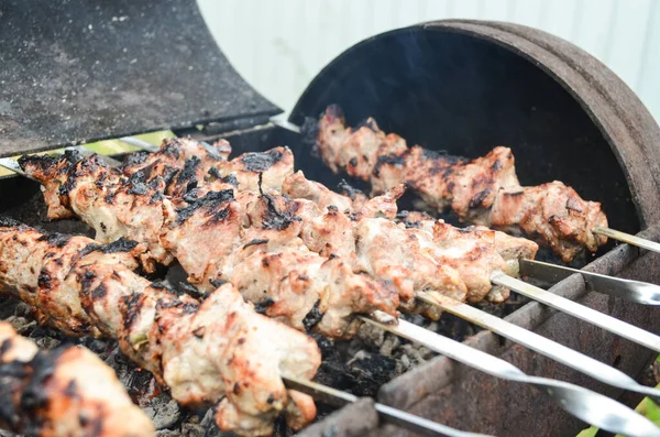 Selective Focus Barbecues Grill Skewers Meat Lie Coals Tasty Meat — Stock Photo, Image