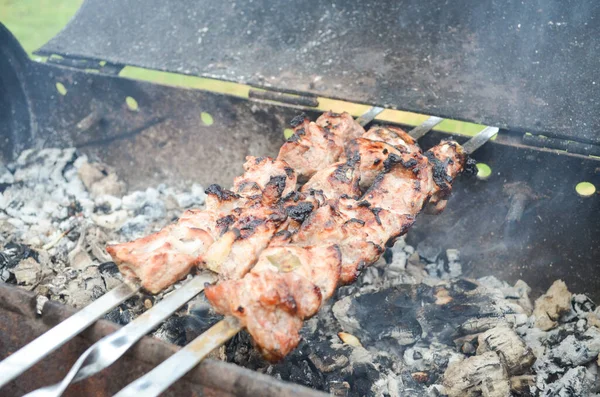 Focus Selettivo Sulle Grigliate Alla Griglia Gli Spiedini Con Carne — Foto Stock