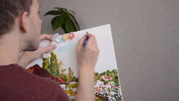 Hobby Creativiteit Concept Zijaanzicht Volwassen Man Schildert Beeld Nummer Ontspanning — Stockvideo