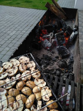 Vejetaryen menüsü. Lezzetli şampiyonlar kömürde pişirilir. Barbekü ızgarasında kızartılmış mantar. Kömür ızgarasında kızartılmış yemek. Yaz pikniği kavramı.