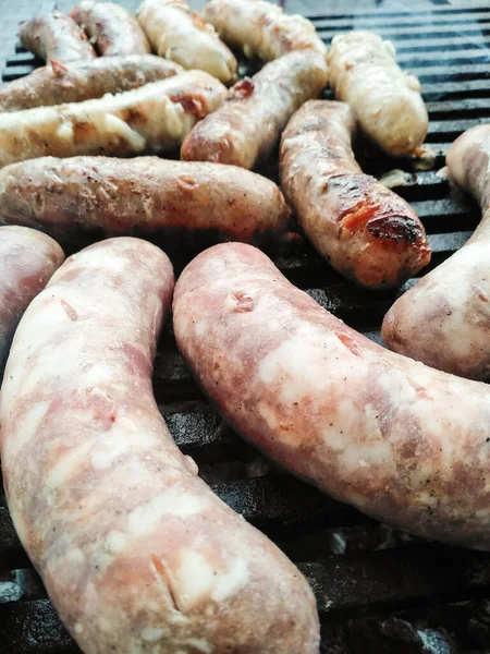 Grilled Food Fried Charcoal Grills Tasty Delicious Sausages Cooked Coals — Stock Photo, Image