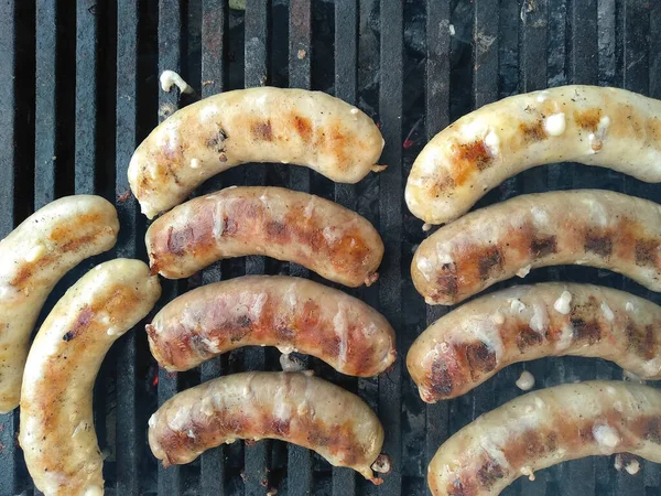 Grilled Sausages Roasting Bbq Grill Outdoor Grilled Food Fried Charcoal — Stock Photo, Image