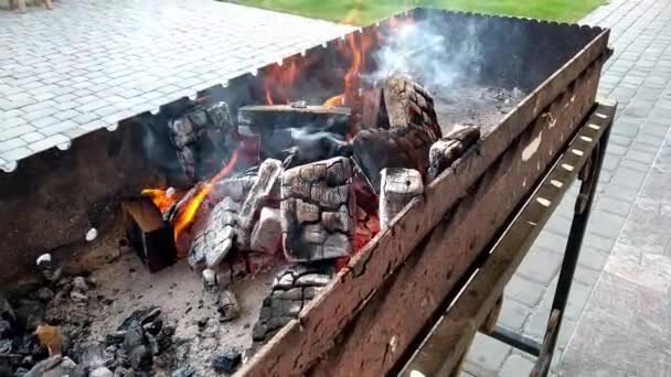 民家の中庭で炭火焼きに火がつく バーベキュー熱は木を燃やすことに由来する 屋外バーベキューピクニックコンセプト — ストック動画