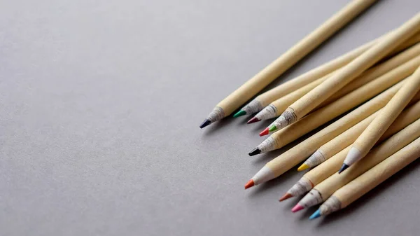 Pencils made of eco-friendly materials lie on a gray background. There is a place for text.