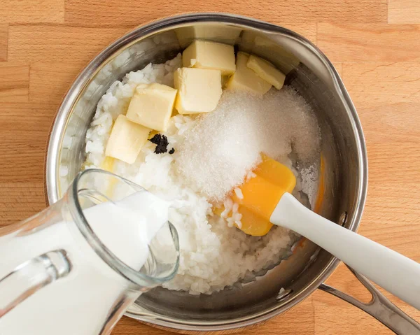 Cooking Pudding Pour Out Milk Add Butter Sugar — Stock fotografie