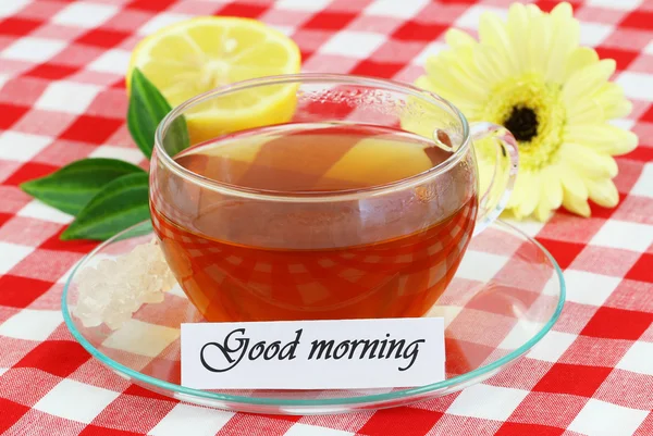 Buongiorno biglietto con tazza di tè — Foto Stock